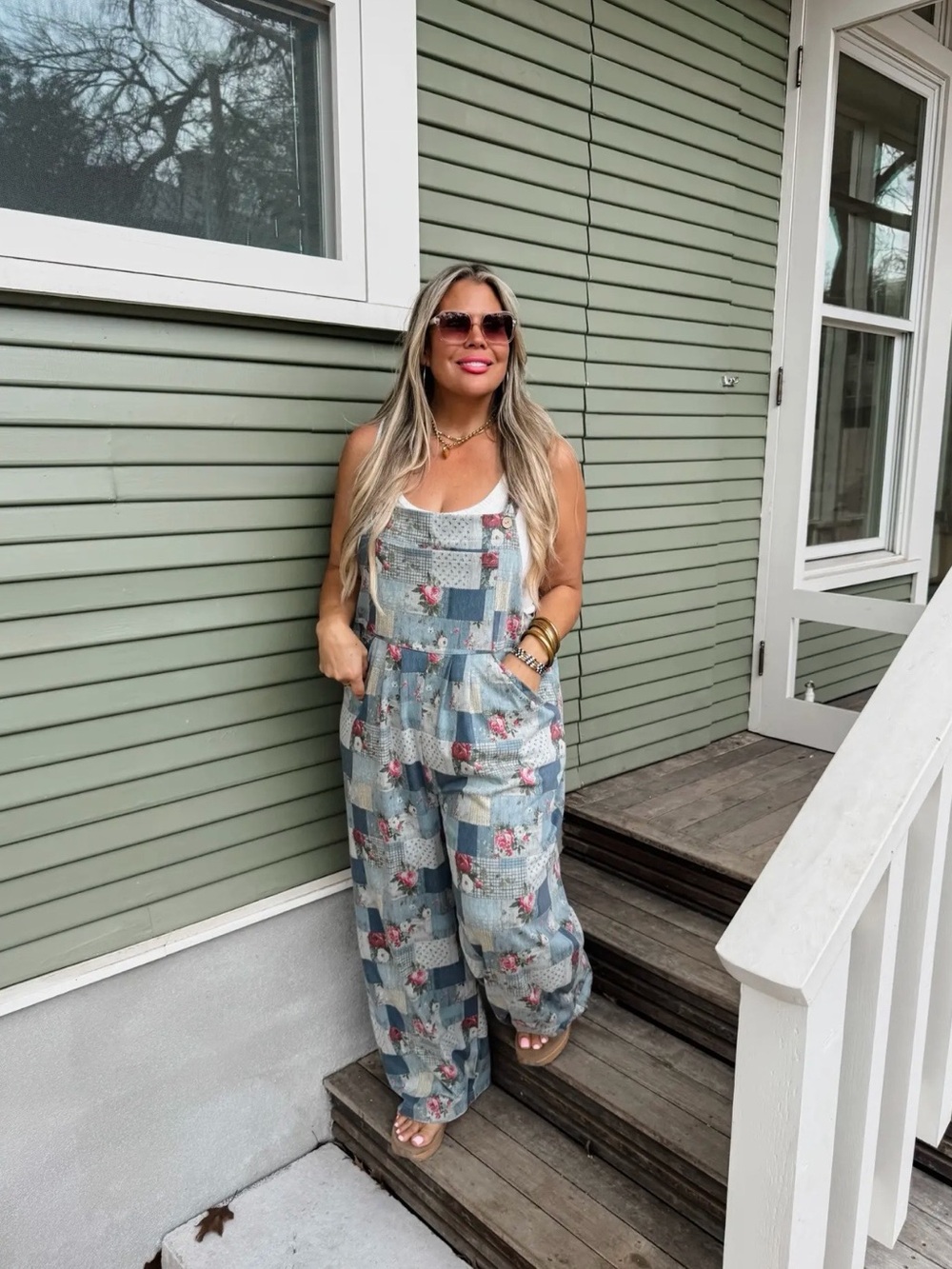 Patchwork Floral Denim-Print Wide Leg Jumpsuit - Blue - Picture 2 of 3